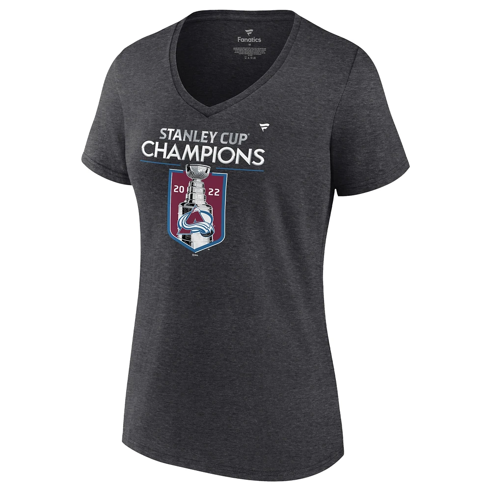 T-shirt à col en V pour femmes Fanatics Heathered Charcoal Colorado Avalanche 2022 Champions de la Coupe Stanley Locker Room