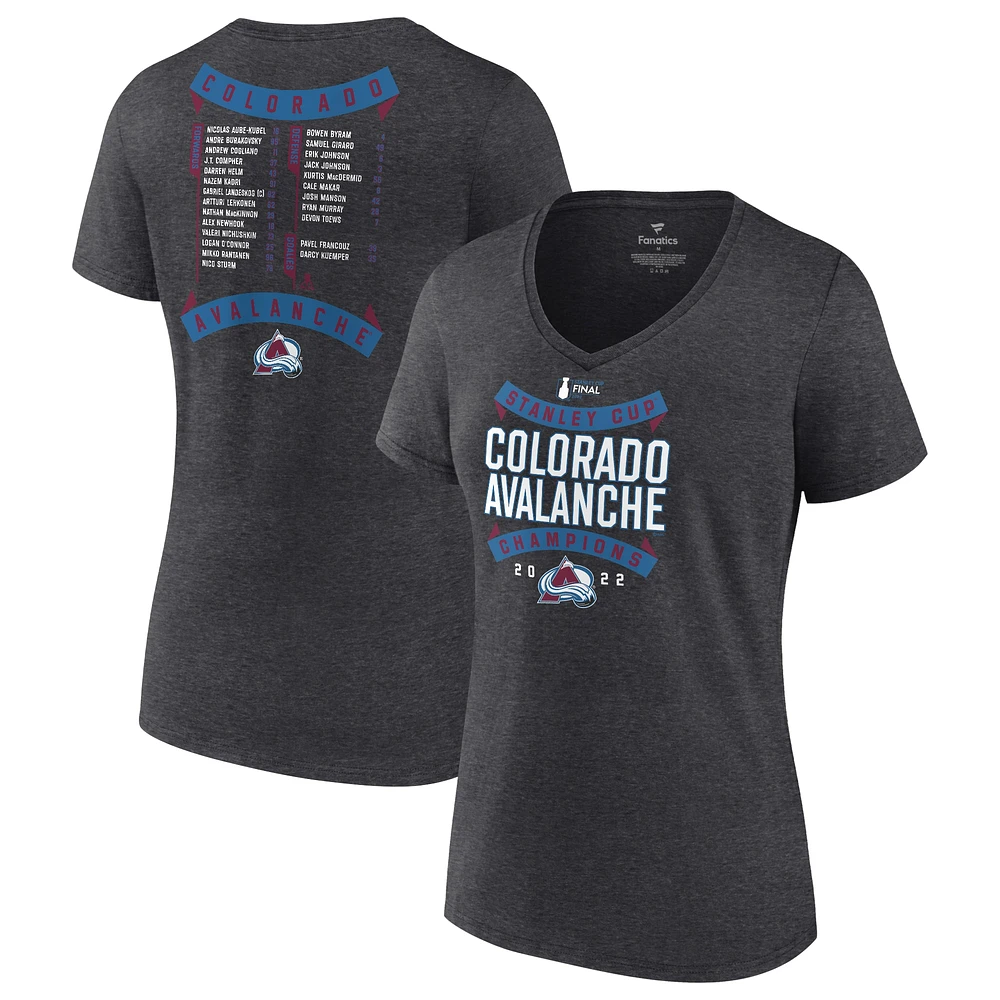 Women's Fanatics Heathered Charcoal Colorado Avalanche 2022 Stanley Cup Champions Roster V-Neck T-Shirt