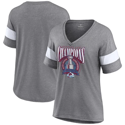 T-shirt Triblend à col en V Fanatics pour femmes, gris chiné, Colorado Avalanche 2022, bannière des champions de la Coupe Stanley