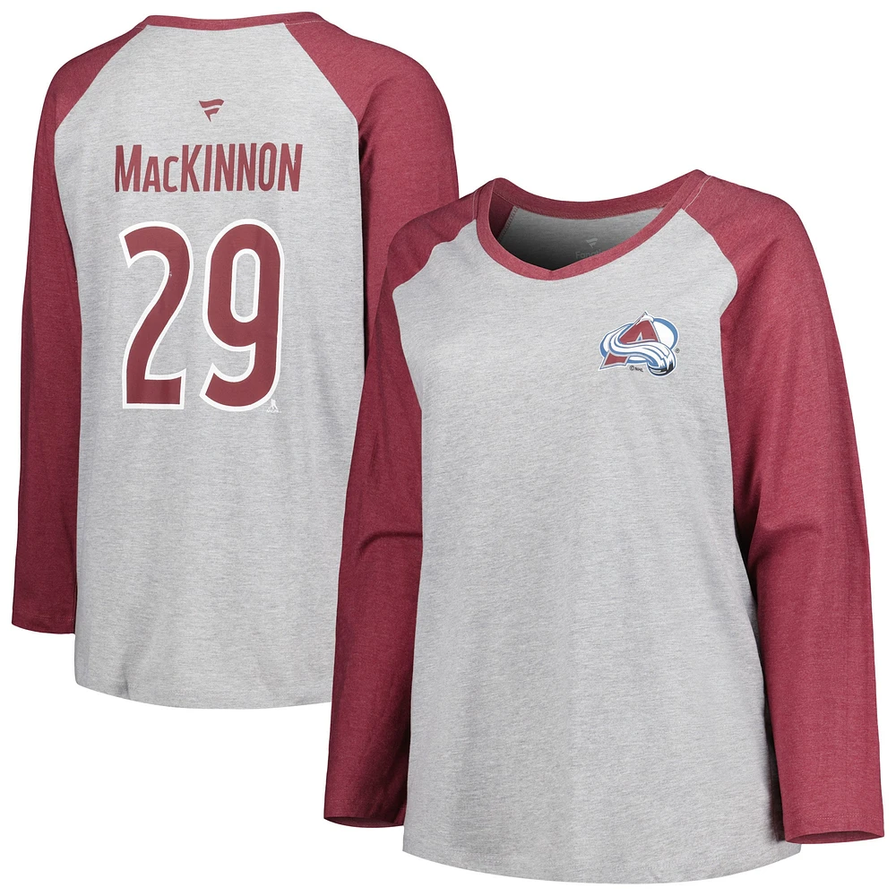 Women's Fanatics Nathan MacKinnon Heather Gray/Heather Burgundy Colorado Avalanche Plus Name & Number Raglan Long Sleeve T-Shirt