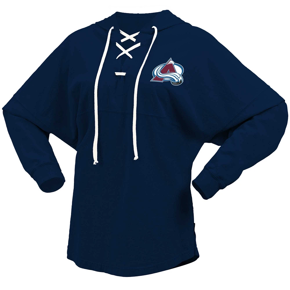 Women's Fanatics Navy Colorado Avalanche Jersey Lace-Up V-Neck Long Sleeve Hoodie T-Shirt