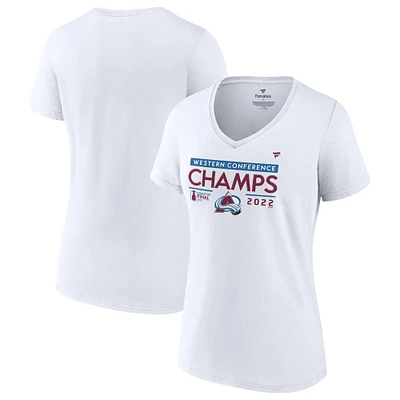 T-shirt blanc à col en V Fanatics pour femmes Avalanche du Colorado 2022 Champions de la Conférence Ouest Vestiaire