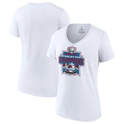 T-shirt blanc à col en V Fanatics pour femmes, Avalanche du Colorado, triple champion de la Coupe Stanley