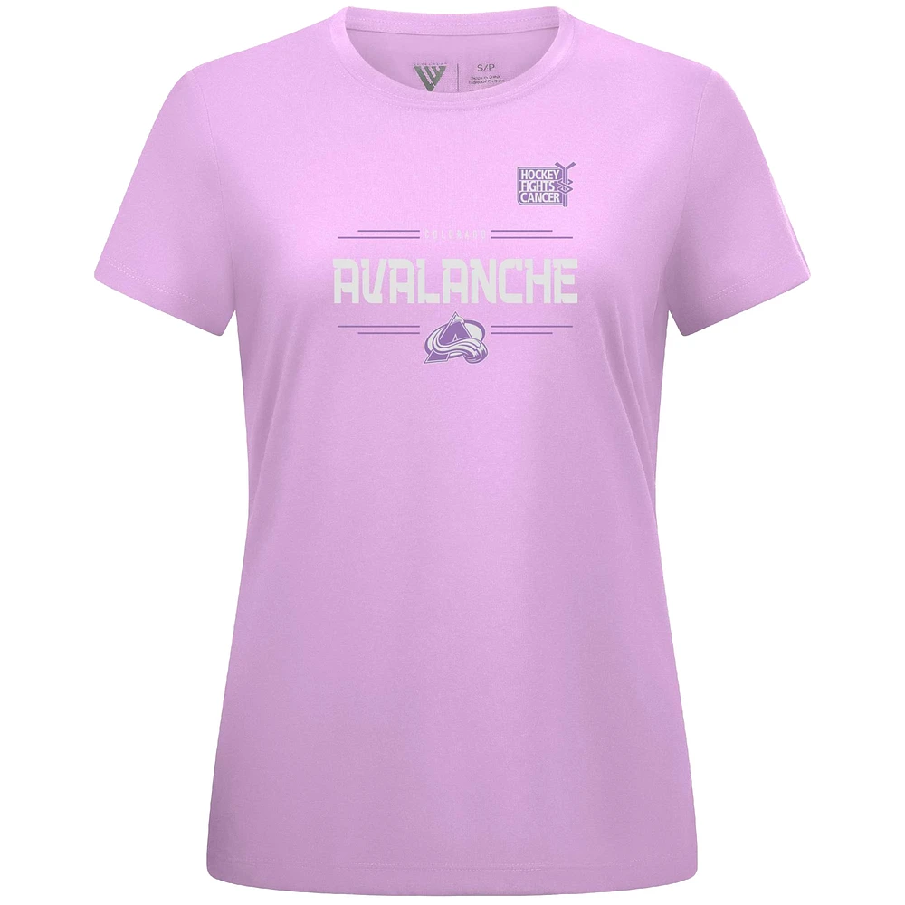 Women's Levelwear Cale Makar Lavender Colorado Avalanche Hockey Fights Cancer Anthem Name & Number T-Shirt