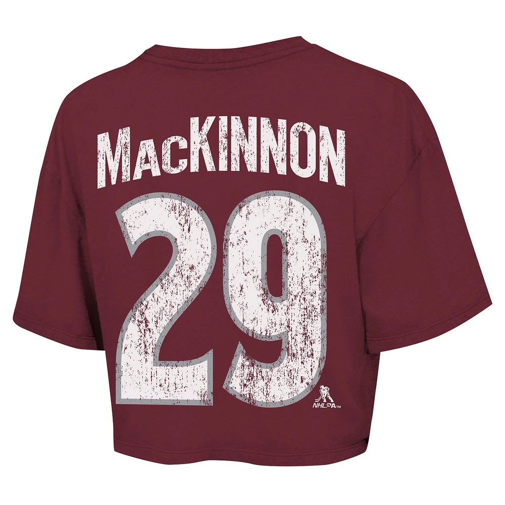 Women's Majestic Threads Nathan MacKinnon Maroon Colorado Avalanche Behind The Net Boxy Name & Number Cropped T-Shirt