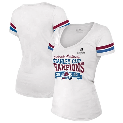 T-shirt rayé à col en V Majestic Threads pour femmes, blanc, Colorado Avalanche 2022, Champions de la Coupe Stanley