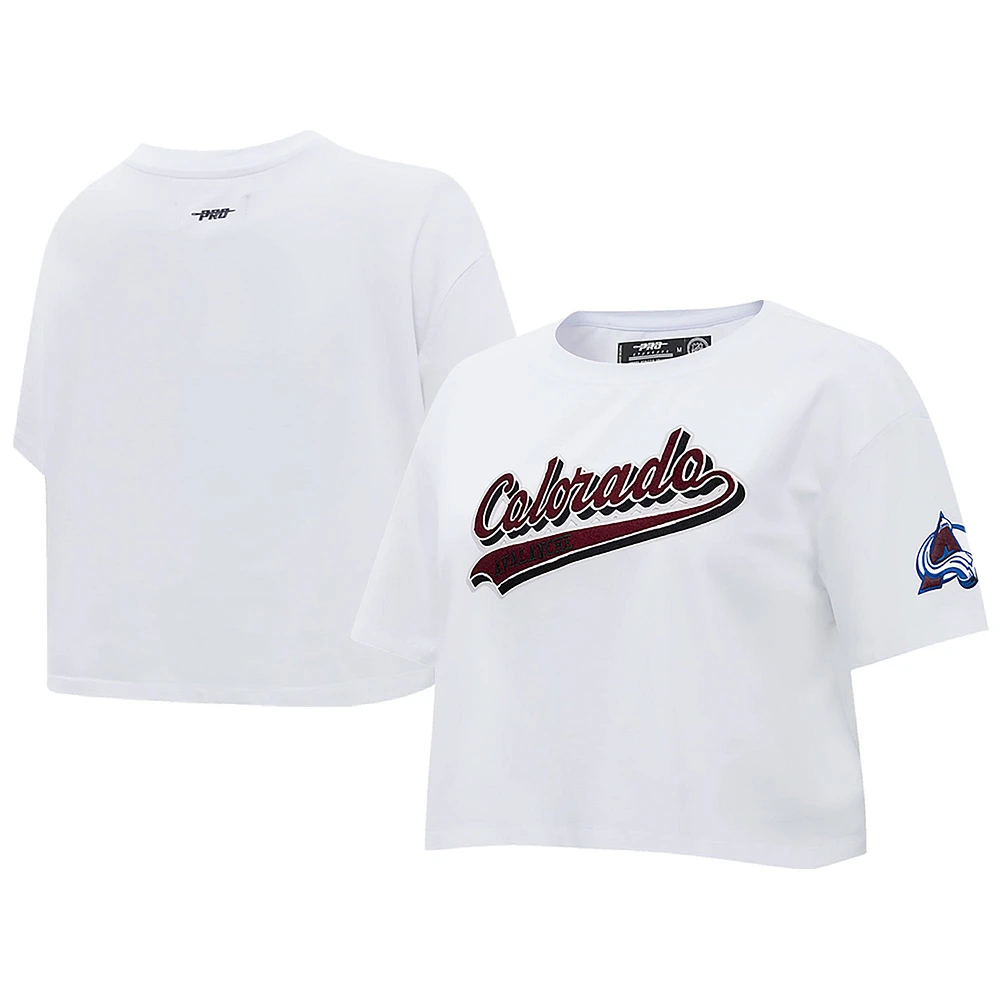 Women's Pro Standard White Colorado Avalanche Boxy Script Tail Cropped T-Shirt