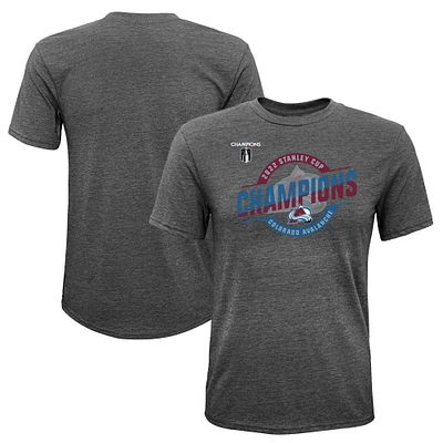 T-shirt trois mélanges gris chiné Colorado Avalanche 2022 Champions de la Coupe Stanley marque Fanatics pour jeune