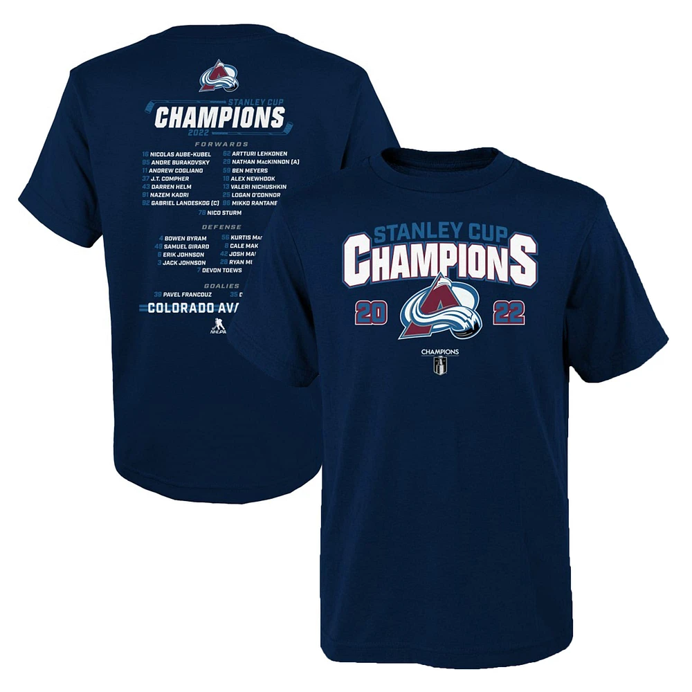 T-shirt bleu marine fanatiques pour jeunes de l'équipe des champions la Coupe Stanley 2022 l'Avalanche du Colorado