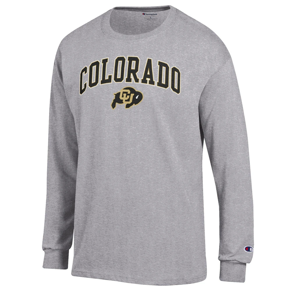 T-shirt à manches longues avec logo Arch Over Champion pour homme, gris chiné, Colorado Buffaloes