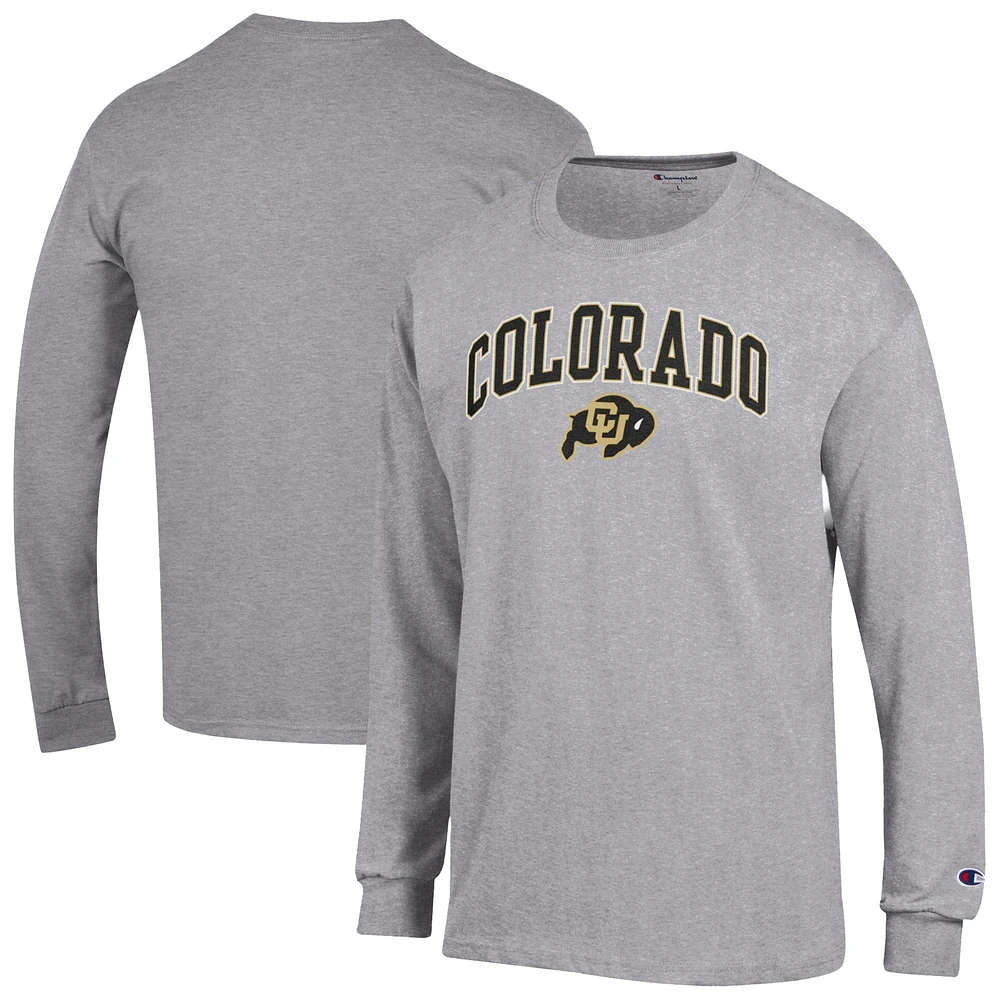 T-shirt à manches longues avec logo Arch Over Champion pour homme, gris chiné, Colorado Buffaloes