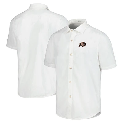 Chemise boutonnée Tommy Bahama blanche Colorado Buffaloes Coconut Point Palm Vista IslandZone Camp pour hommes