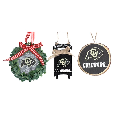 The Memory Company Colorado Buffaloes Three-Pack Wreath, Sled & Circle Ornament Set