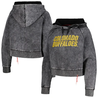 Sweat à capuche court noir Colorado Buffaloes pour femmes, style vintage, raglan