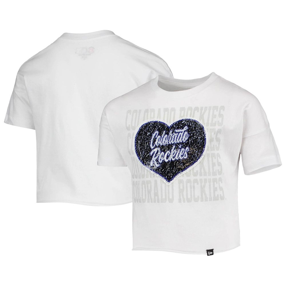 Girls Youth New Era White Colorado Rockies Flip Sequin Heart Crop Top