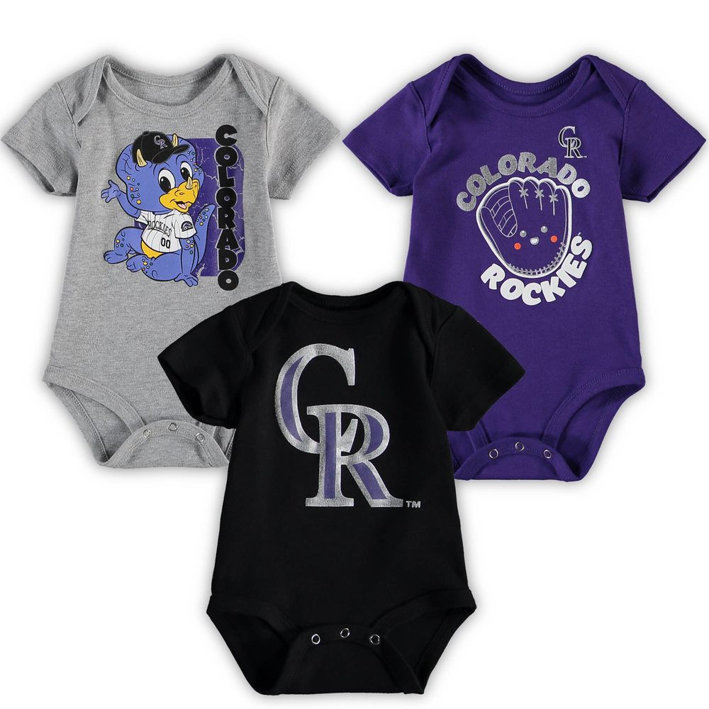 Infant Black/Heathered Gray/Purple Colorado Rockies Change Up 3-Pack Bodysuit Set