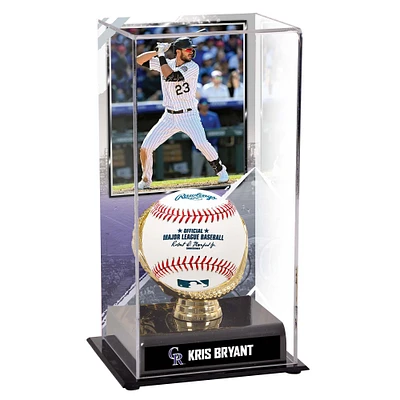 Vitrine de présentation des gants dorés des Colorado Rockies de Kris Bryant avec image