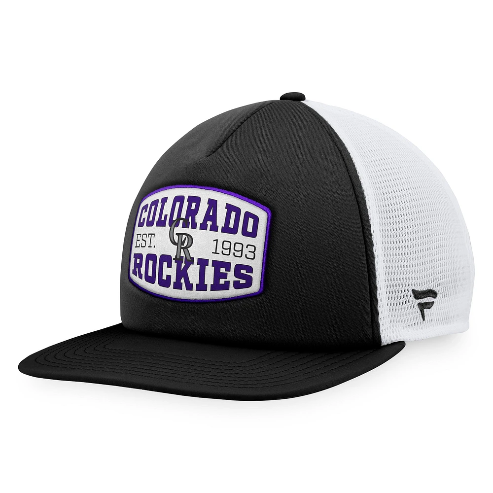 Casquette Snapback de camionneur en mousse avec patch frontal en mousse Fanatics pour hommes, noire des Colorado Rockies