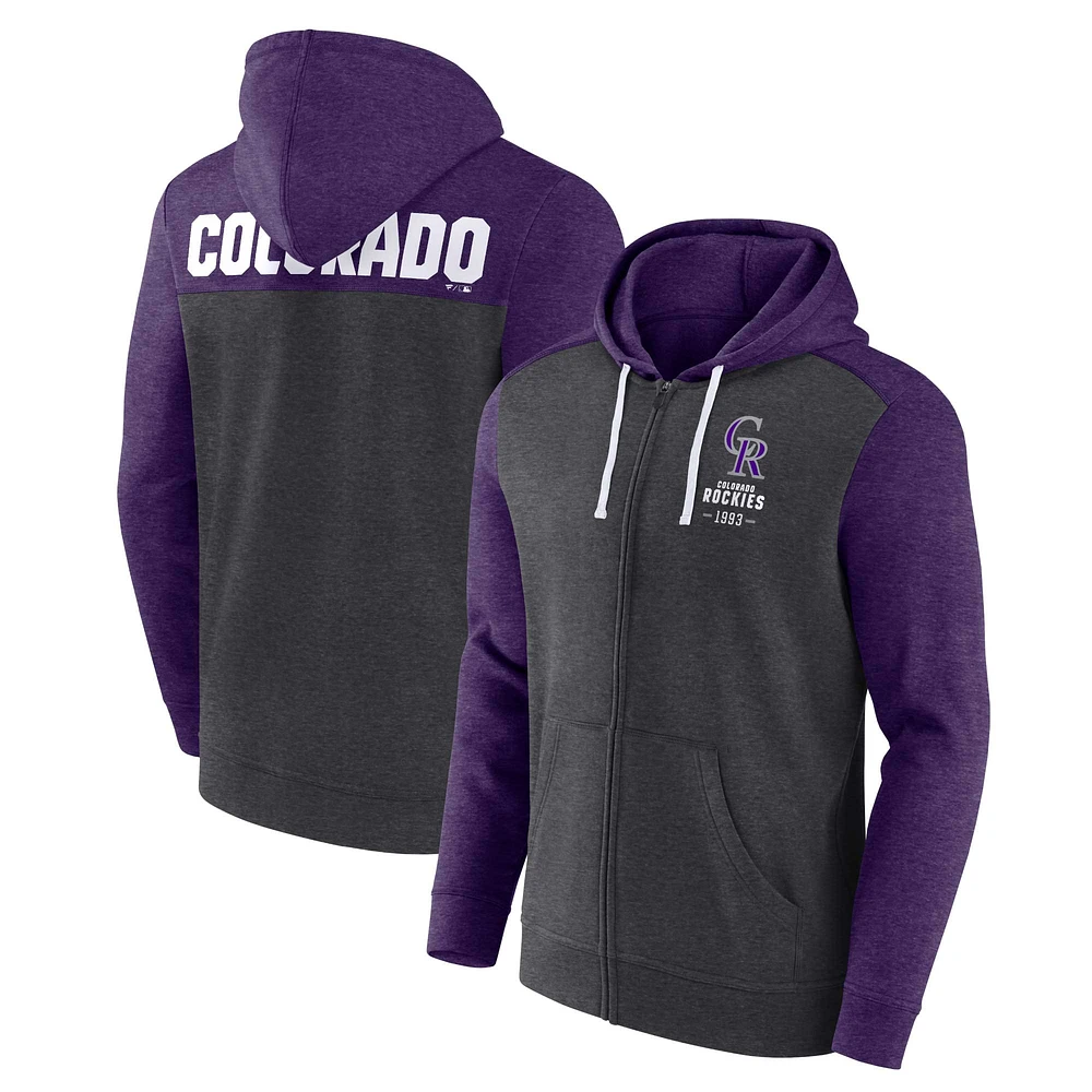 Men's Fanatics Heathered Charcoal/Heathered Purple Colorado Rockies Blown Away Full-Zip Hoodie