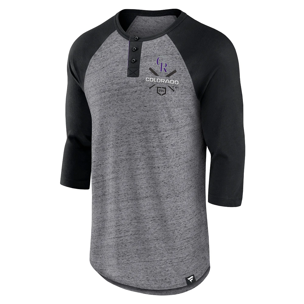 Fanatics pour hommes gris chiné/noir Colorado Rockies emblématique au-dessus de la chaleur mouchetée Raglan Henley T-shirt à manches 3/4