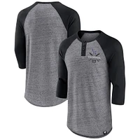 Fanatics pour hommes gris chiné/noir Colorado Rockies emblématique au-dessus de la chaleur mouchetée Raglan Henley T-shirt à manches 3/4