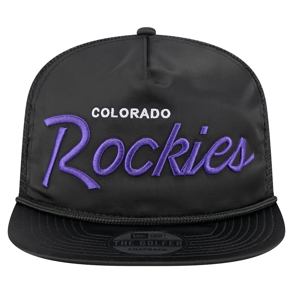 Casquette de golf ajustable noire rétro en satin pour homme New Era Colorado Rockies