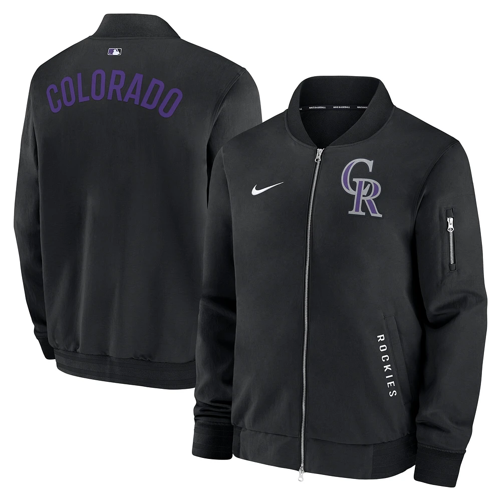 Veste aviateur entièrement zippée Nike Colorado Rockies Authentic Collection Dugout pour homme noire
