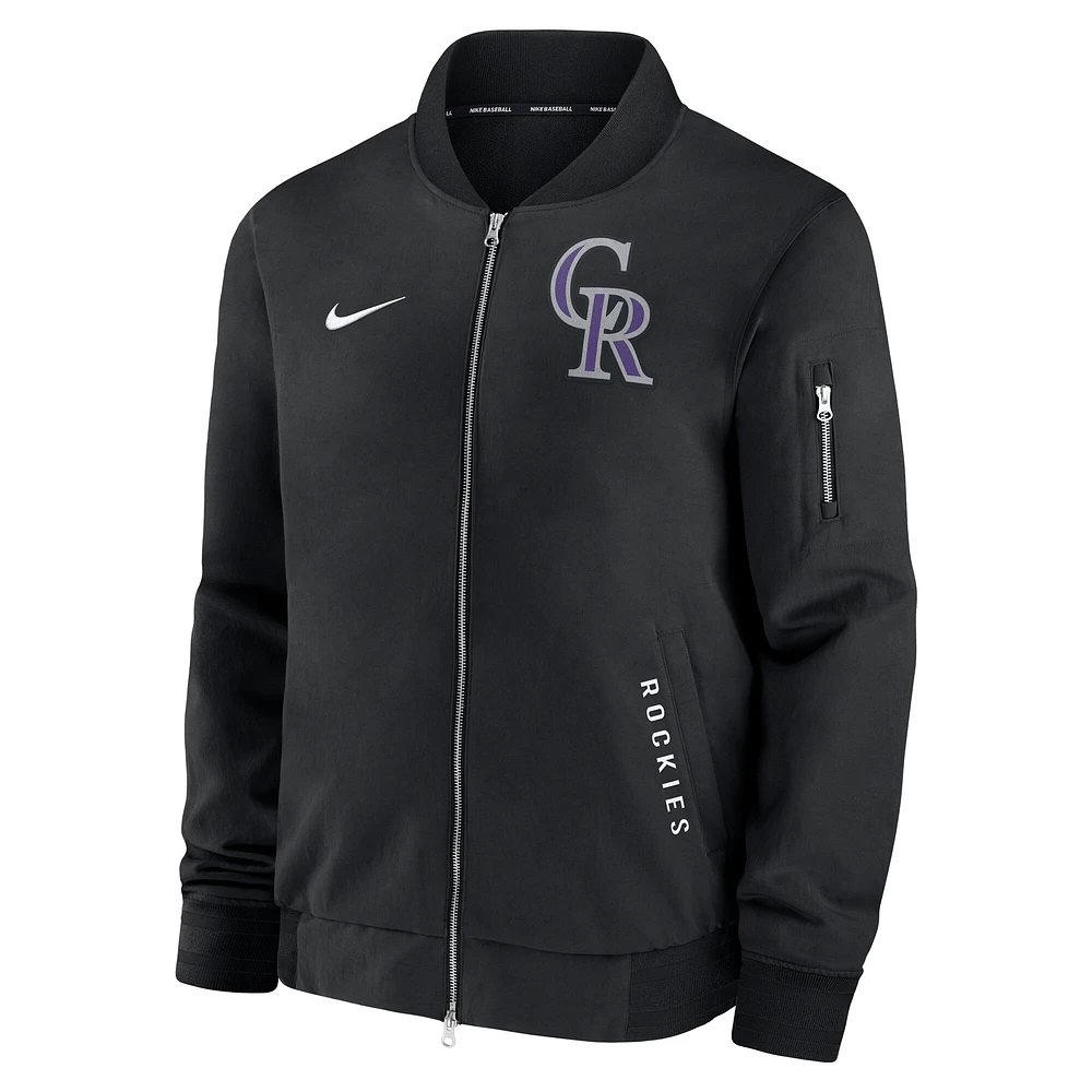 Veste aviateur entièrement zippée Nike Colorado Rockies Authentic Collection Dugout pour homme noire