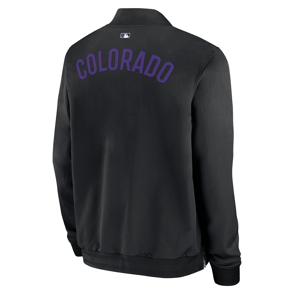 Veste aviateur entièrement zippée Nike Colorado Rockies Authentic Collection Dugout pour homme noire
