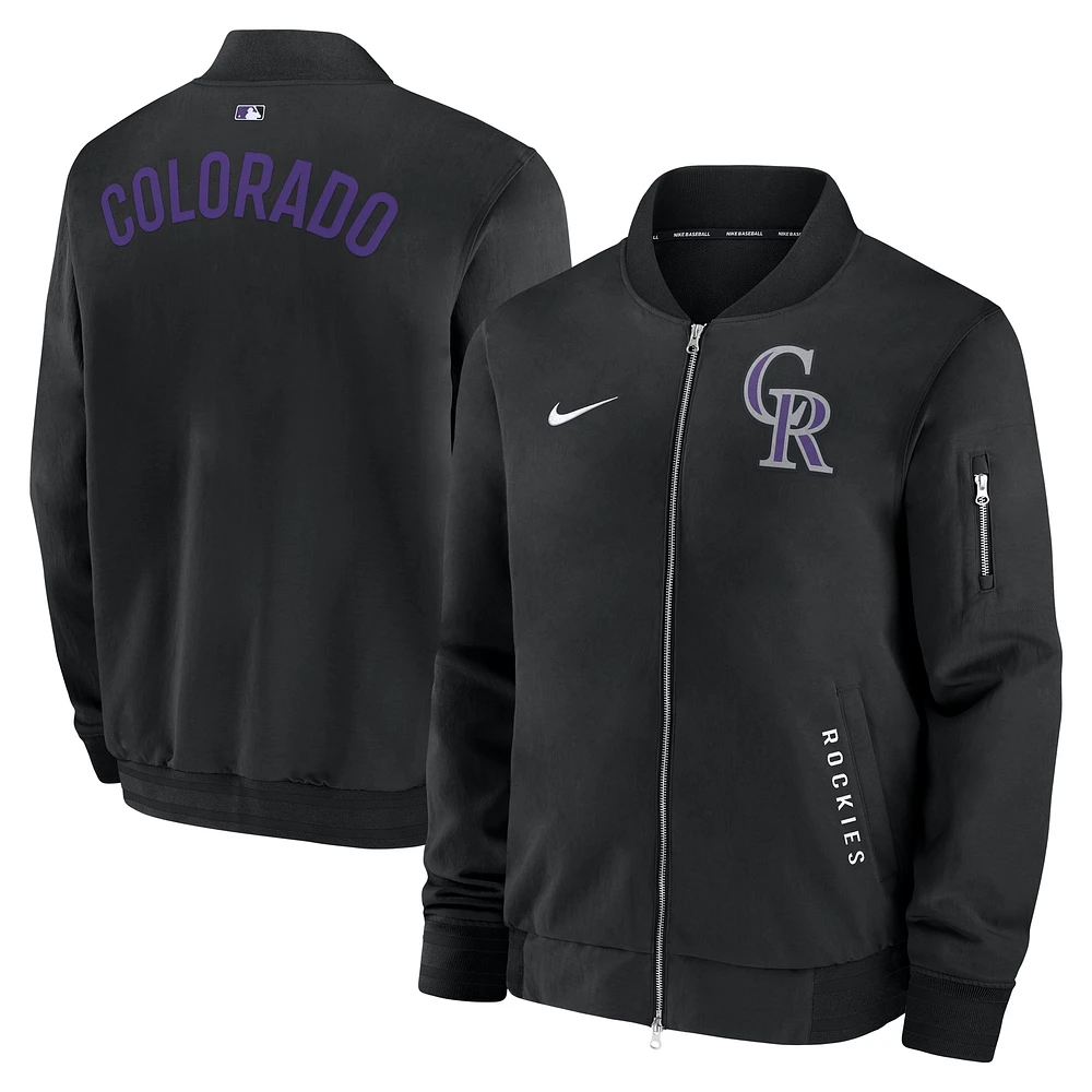 Veste aviateur entièrement zippée Nike Colorado Rockies Authentic Collection Dugout pour homme noire