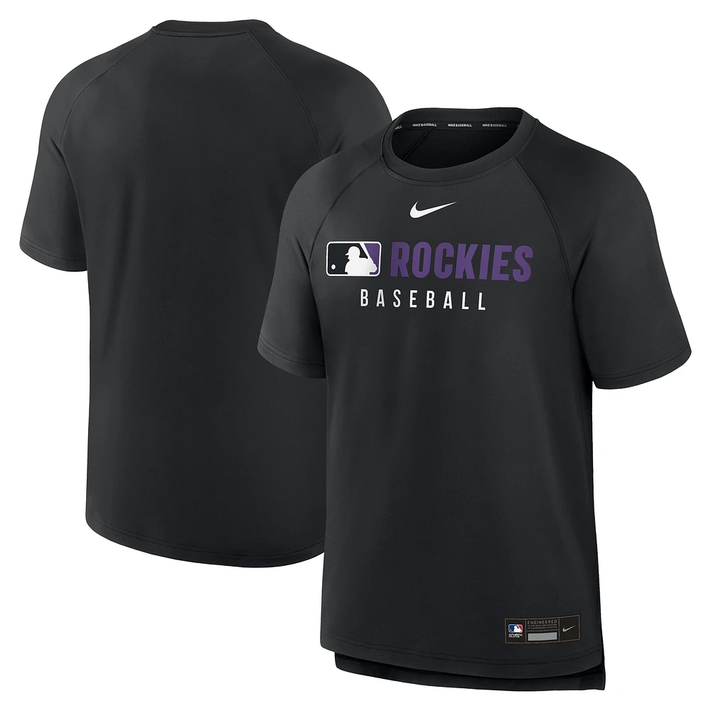 T-shirt Nike noir authentique pour homme, coupe raglan, collection pré-match des Colorado Rockies
