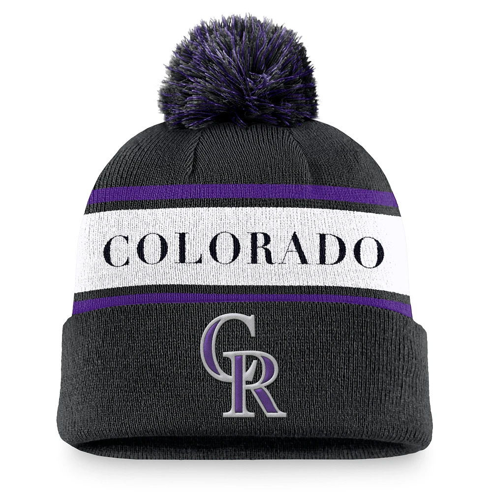 Men's Nike Black Colorado Rockies Team Stripe Peak Cuffed Knit Hat with Pom