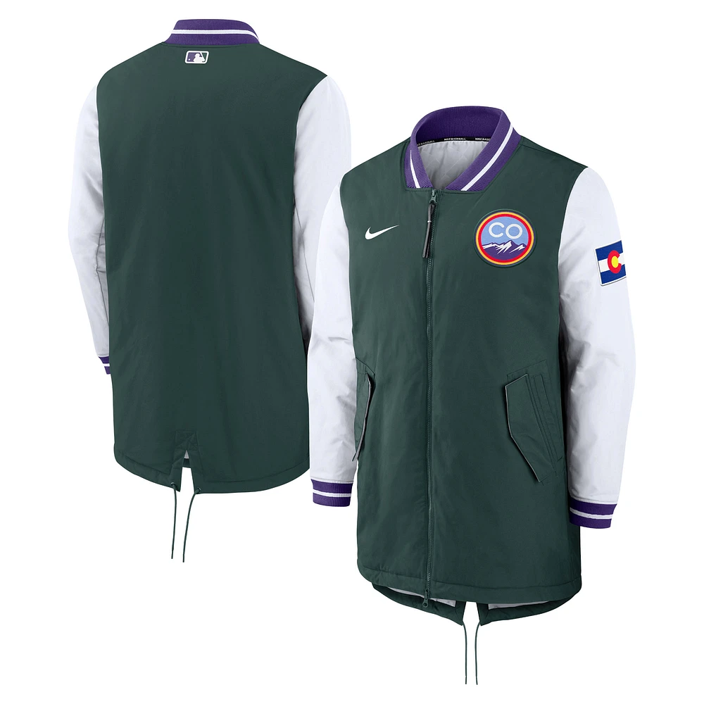 Veste Nike verte City Connect entièrement zippée pour homme Colorado Rockies