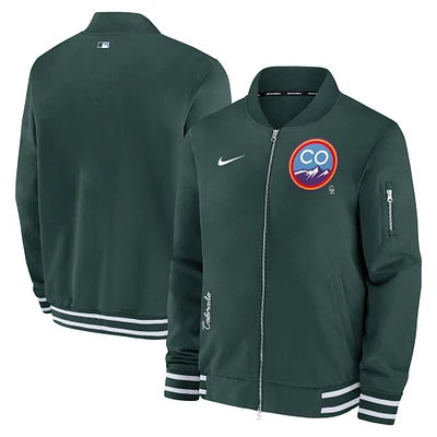 Veste à fermeture éclair intégrale Nike Hunter Green Colorado Rockies City Connect Authentic Collection Game Time Bomber pour homme