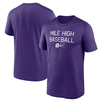 T-shirt Nike violet Colorado Rockies Baseball Phrase Legend Performance pour homme