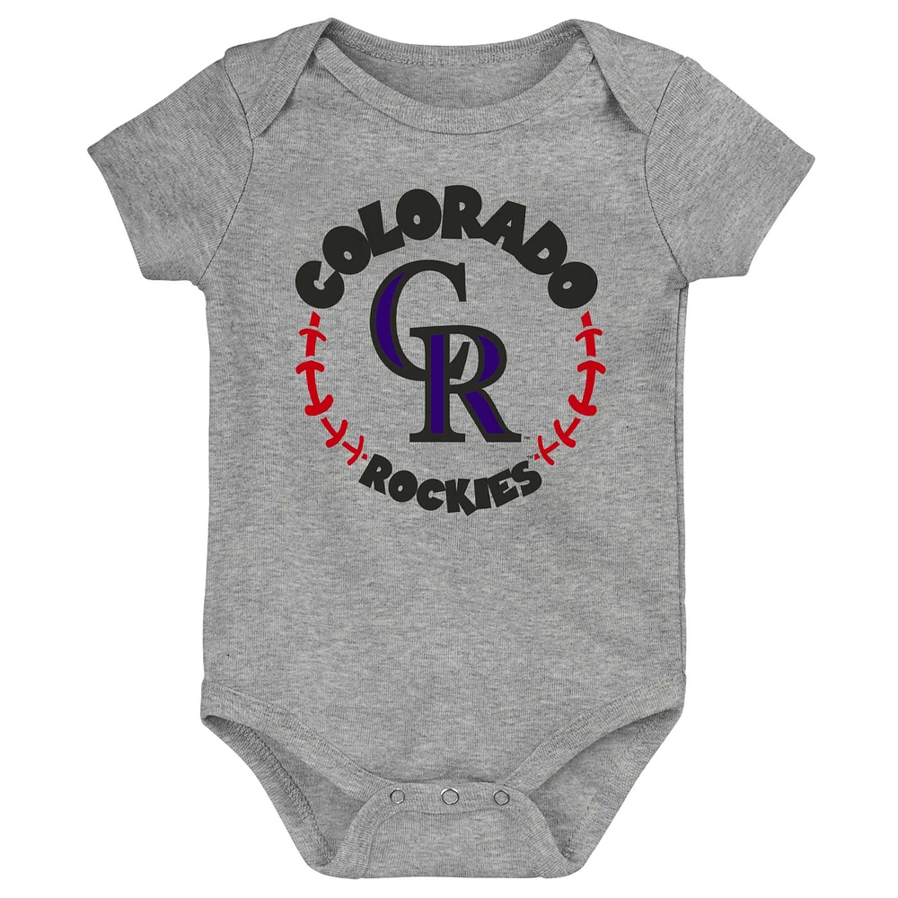 Lot de 3 bodys pour nouveau-nés et nourrissons violet/blanc/gris chiné Colorado Rockies Biggest Little Fan
