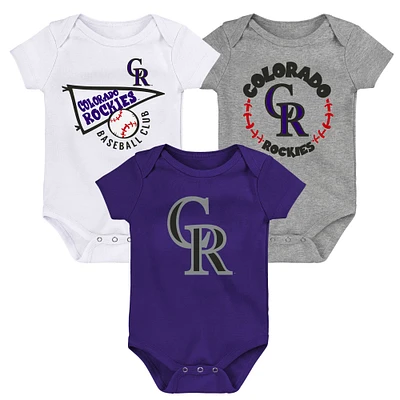 Lot de 3 bodys pour nouveau-nés et nourrissons violet/blanc/gris chiné Colorado Rockies Biggest Little Fan