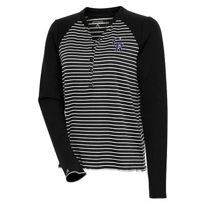 Women's Antigua  Black/White Colorado Rockies Maverick Henley Long Sleeve T-Shirt