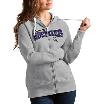 Sweat à capuche zippé intégral avec logo de l'équipe Colorado Rockies Antigua Heather Grey pour femme