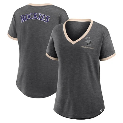 T-shirt à col en V noir pour femme Colorado Rockies Binge Worthy Stadium Slub