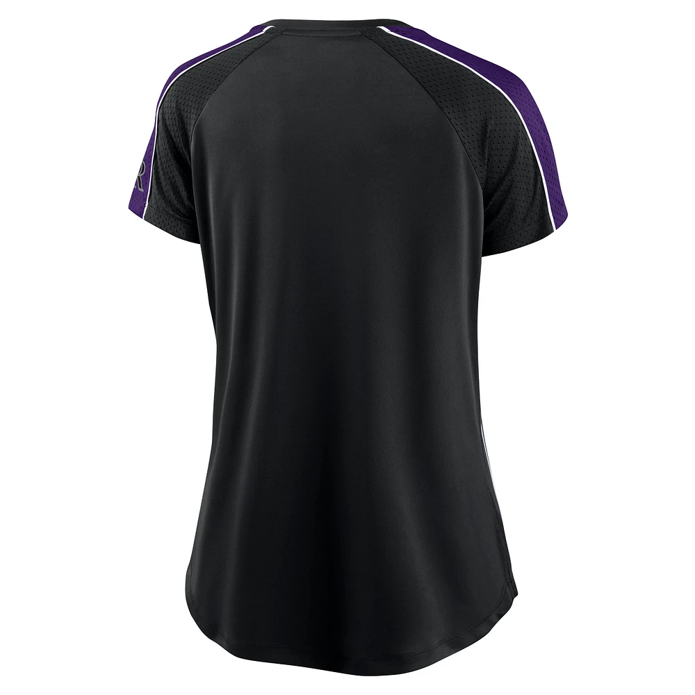 T-shirt noir à col cranté Fanatics pour femmes, Colorado Rockies Lineup League Diva