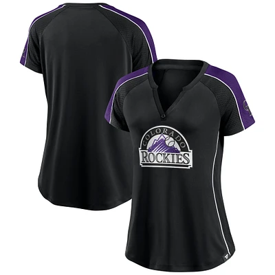 T-shirt noir à col cranté Fanatics pour femmes, Colorado Rockies Lineup League Diva