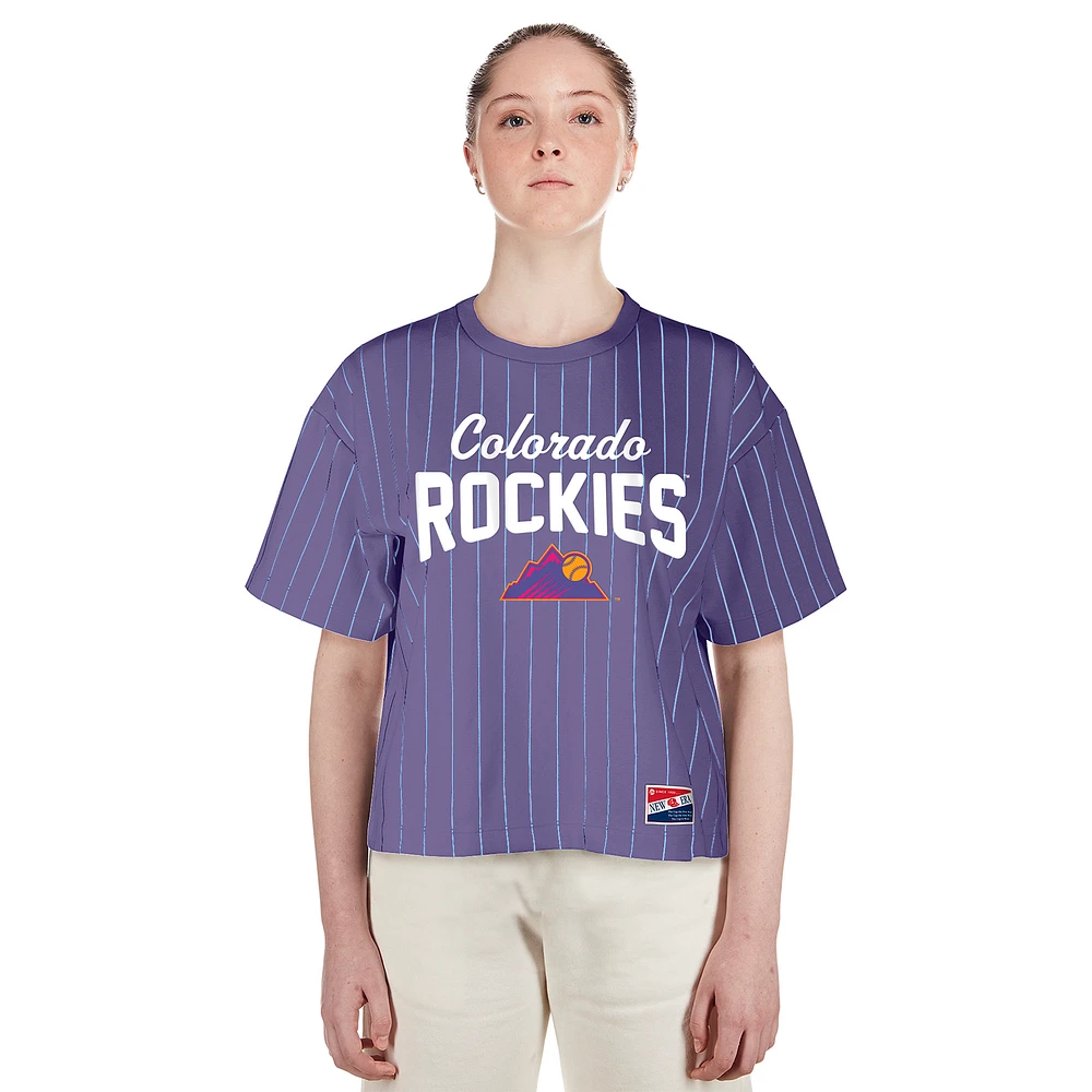 T-shirt violet à rayures fines City Connect 2025 des Rockies du Colorado pour femme de New Era