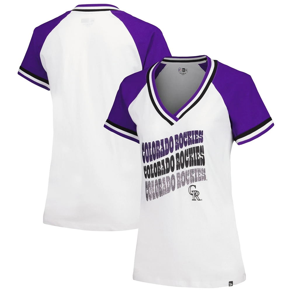 Women's New Era White Colorado Rockies Jersey Double Binding Raglan V-Neck T-Shirt