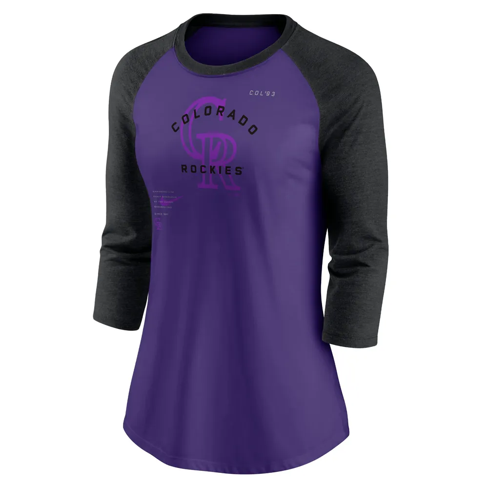 Women's Nike Purple/Black Colorado Rockies Next Up Tri-Blend Raglan 3/4-Sleeve T-Shirt