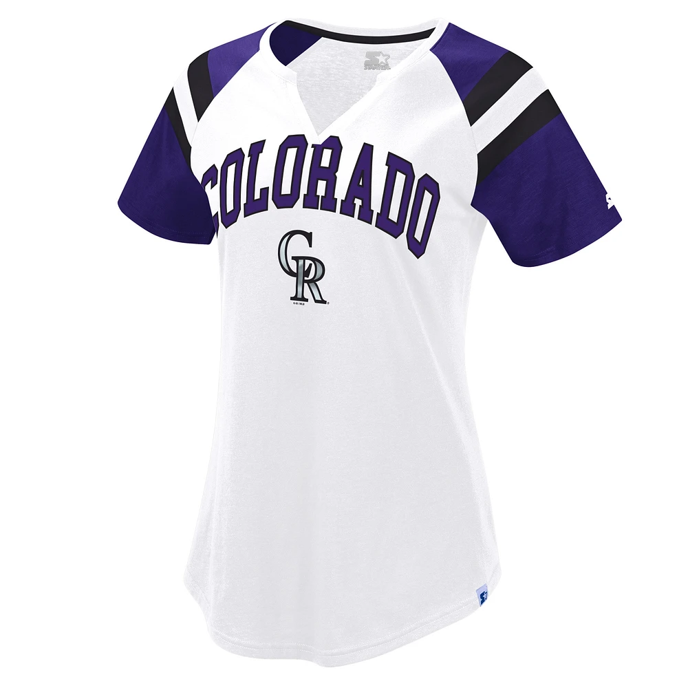 Women's Starter White/Purple Colorado Rockies Game On Notch Neck Raglan T-Shirt