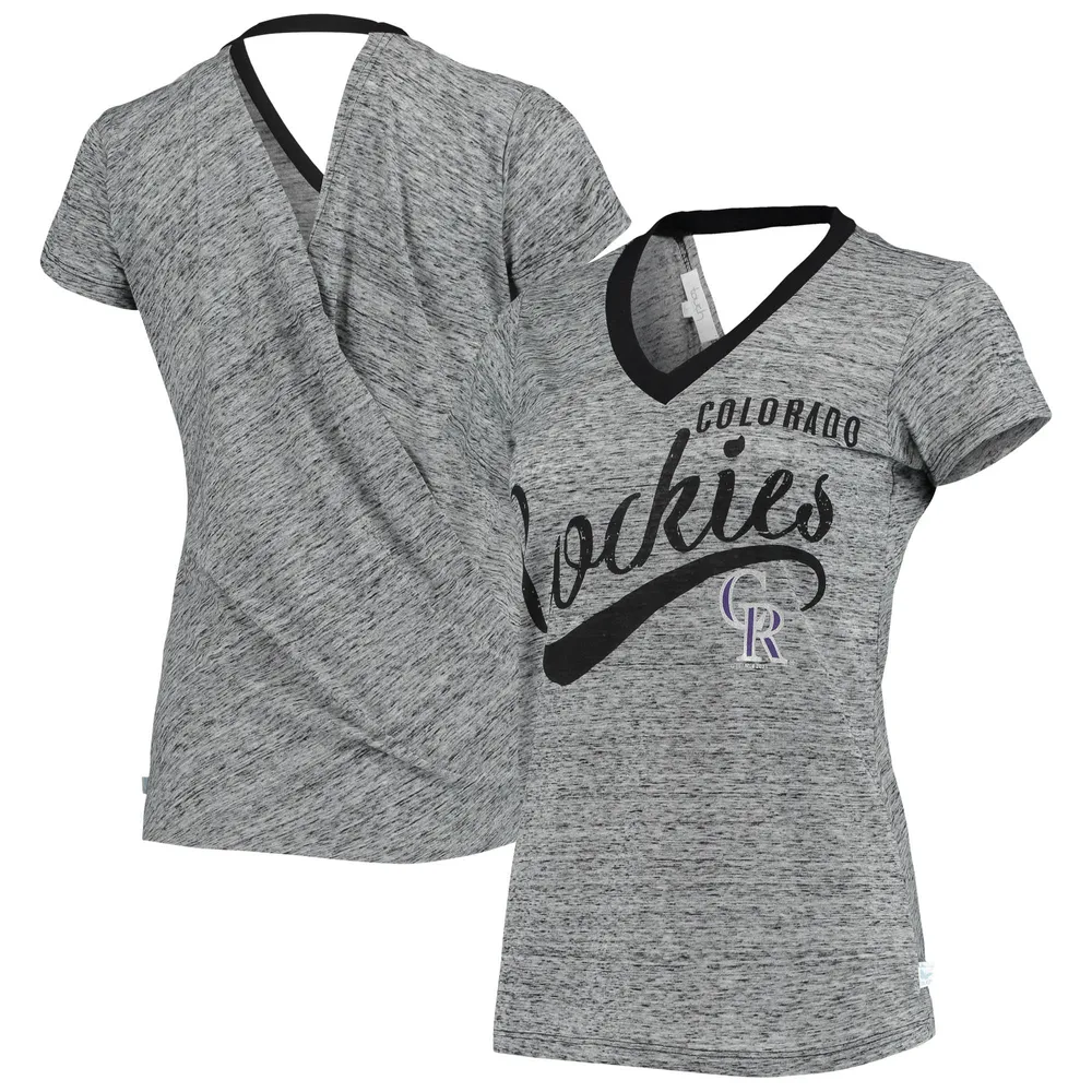 Women's Touch Black Colorado Rockies Hail Mary Back Wrap Space-Dye V-Neck T-Shirt