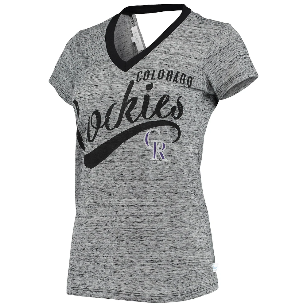 Women's Touch Black Colorado Rockies Hail Mary Back Wrap Space-Dye V-Neck T-Shirt