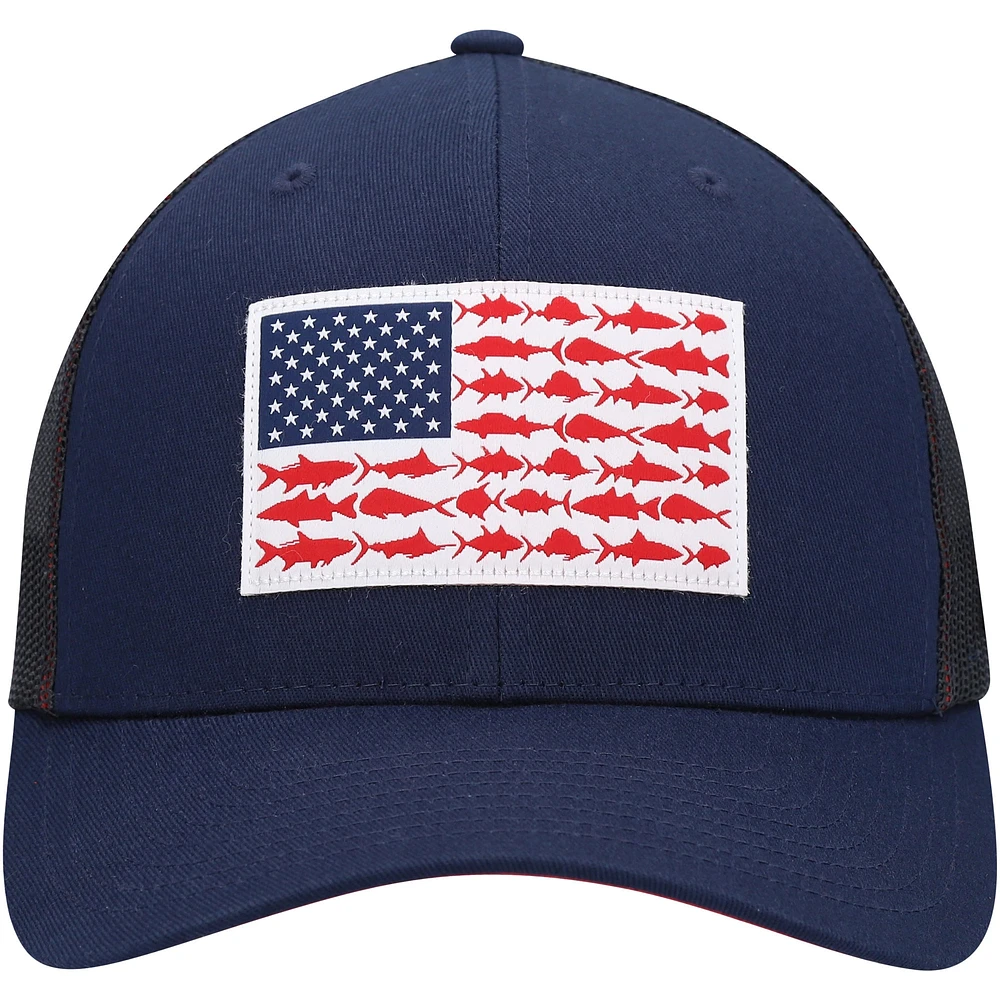 Men's Columbia Navy PFG Fish Flag Trucker Snapback Adjustable Hat