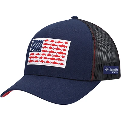 Men's Columbia Navy PFG Fish Flag Trucker Snapback Adjustable Hat